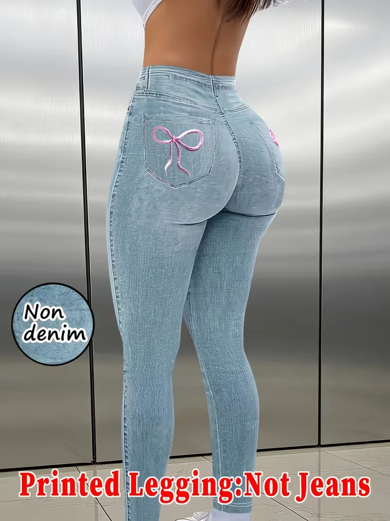 Women Printed Leggings Not Denim Fabric, Fake Pocket & Button Print Design Pants, High Elastic Fashion Slim Fit Skinny Casual