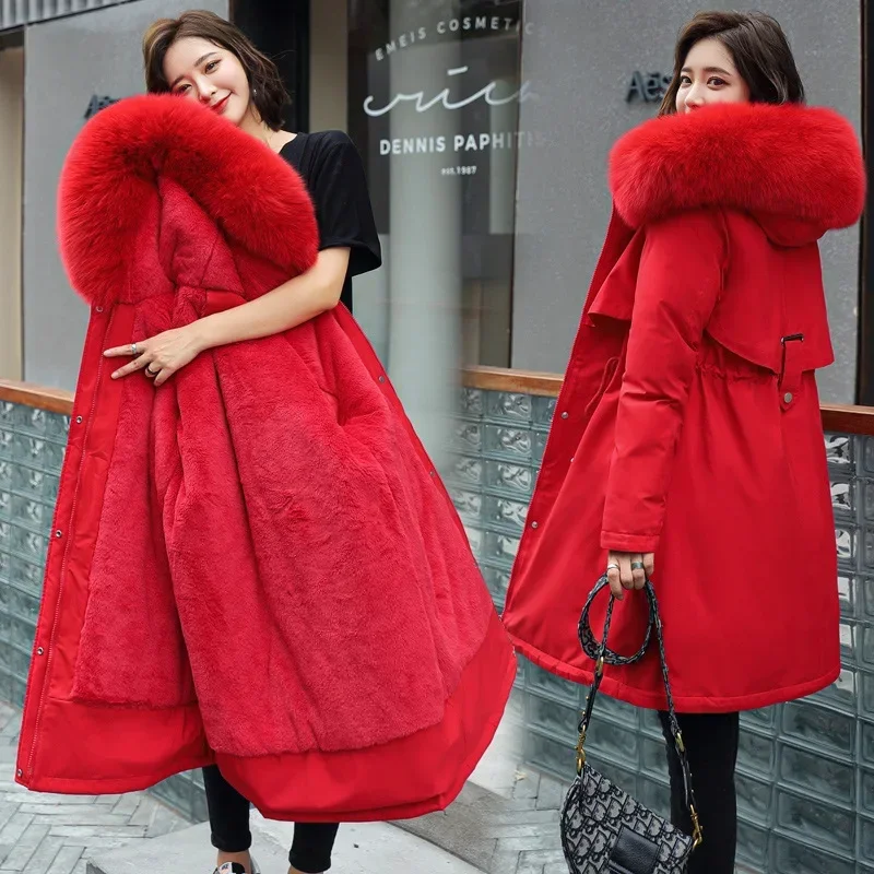 2023 New Winter Thick Warm Down Padded Coat Women\'s Plus Velet Cotton Coat Winter Hooded Loose Parkas Coat Fur Lining Mujer Coat