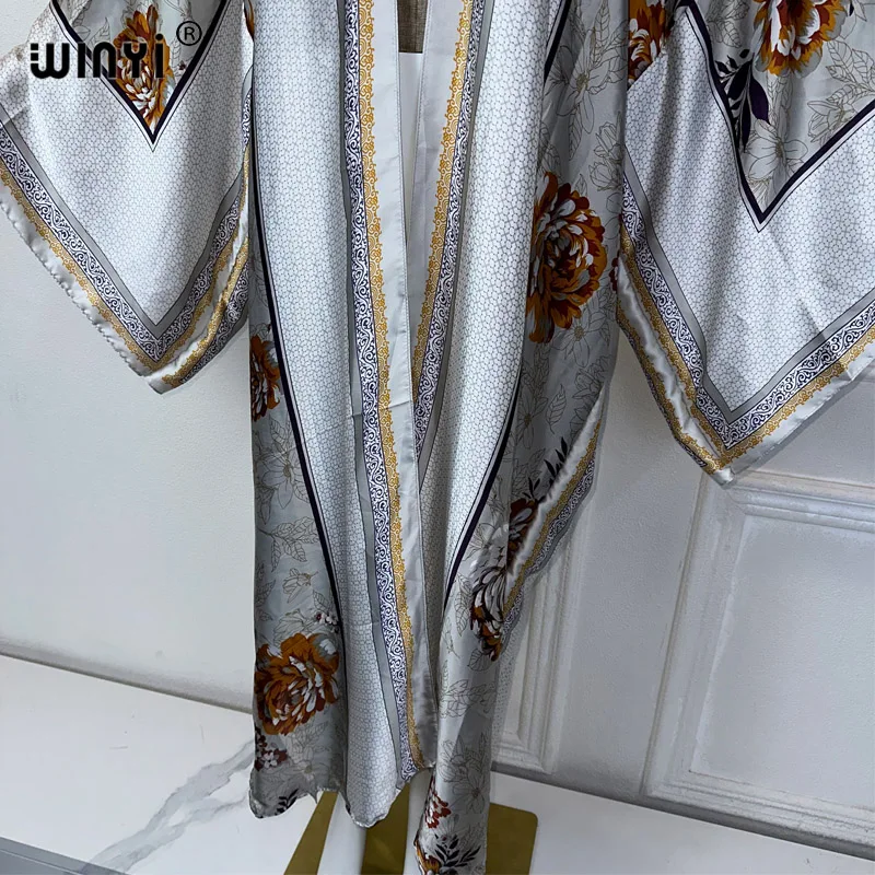 WINYI kimono estivo boho print beach wear donna costume da bagno elegante donna africana boho Cardigan sexy Holiday silk feeling dress