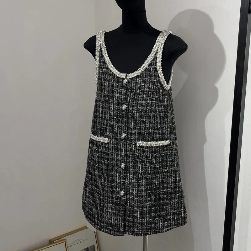 

Summer New Tweed Sleeveless Casual Dress Women Round Neck Beaded Loose Sweet Black Plaid Small Fragrance A Line Vest Dresses