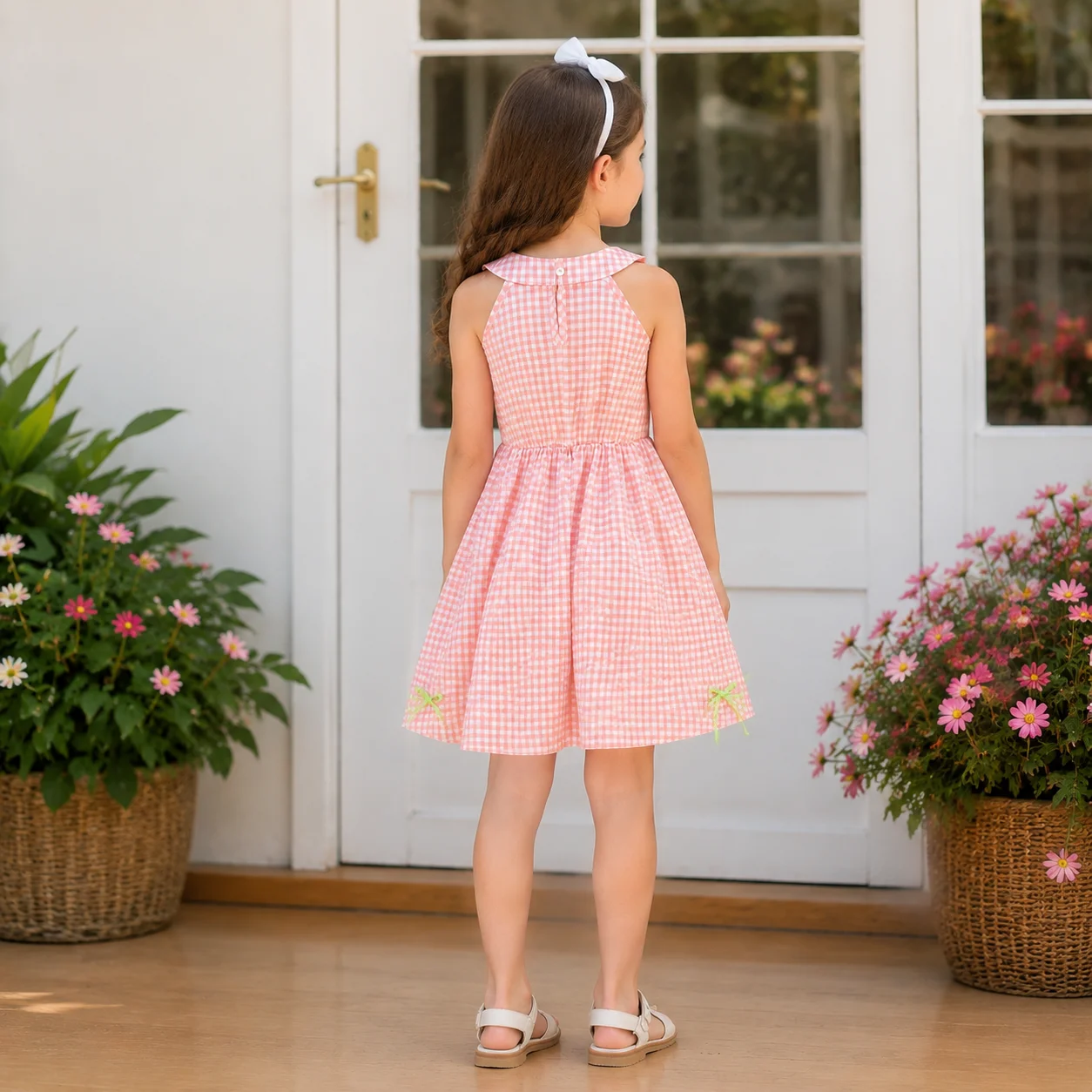 Girls' pink plaid sleeveless dress, three-dimensional flower belt with bow embellishment, waist-cinched A-line skirt, light and