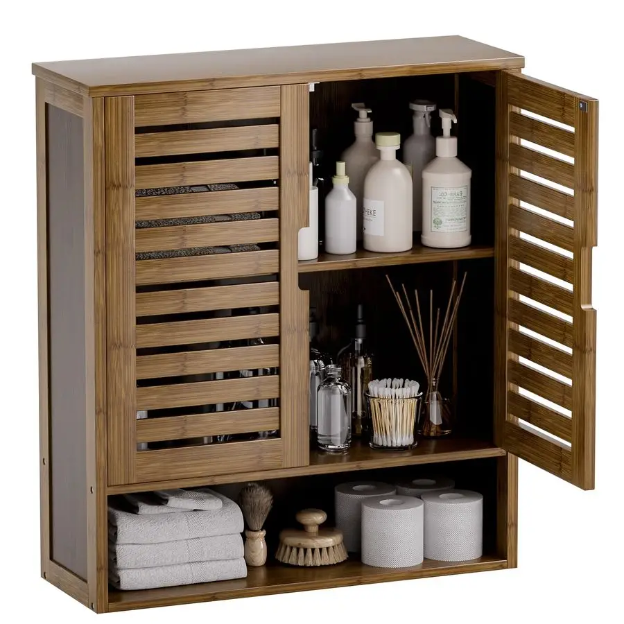 

Bathroom Cabinet Wall Mounted, Bamboo OverTheToilet Storage Organizer, Space Saver Medicine Cabinet with 2 Door and Adjustable
