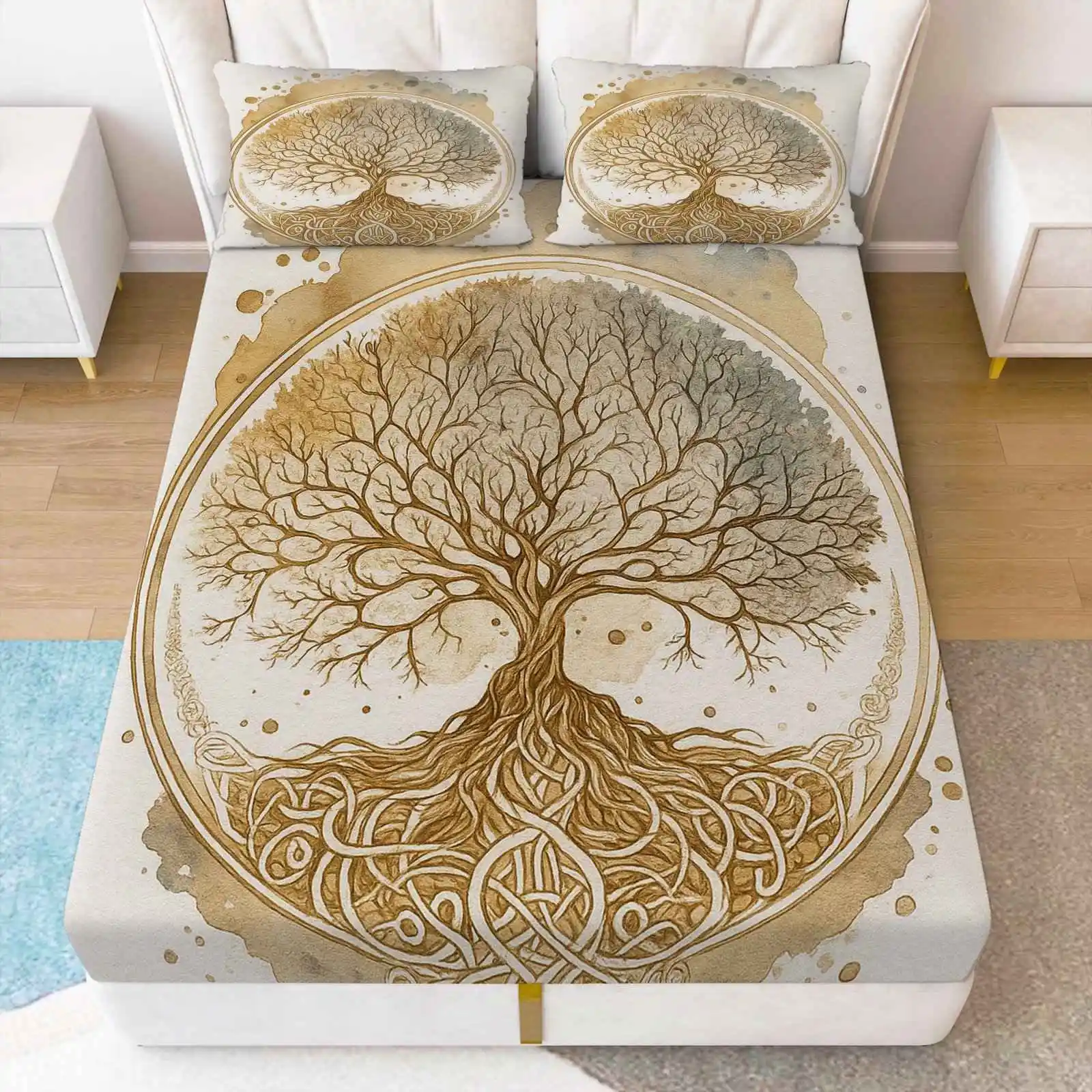 3-Piece Mattress Protector Set, Tree of Life Art Nature Bed Sheet Set, Thanksgiving Mattress Protector, Soft, Breathable Printed Fitted Sheet and Pillowcase, Mattress Cover, Stain-Resistant, Suitable for All Seasons, Machine Washable, Easy to Care For, Universal for Home Bedrooms, Essential for Dorms and Rentals, Master Bedroom and Guest Room Decoration, Dust-Proof and Stain-Resistant, High Elasticity, Fits Various Sizes
