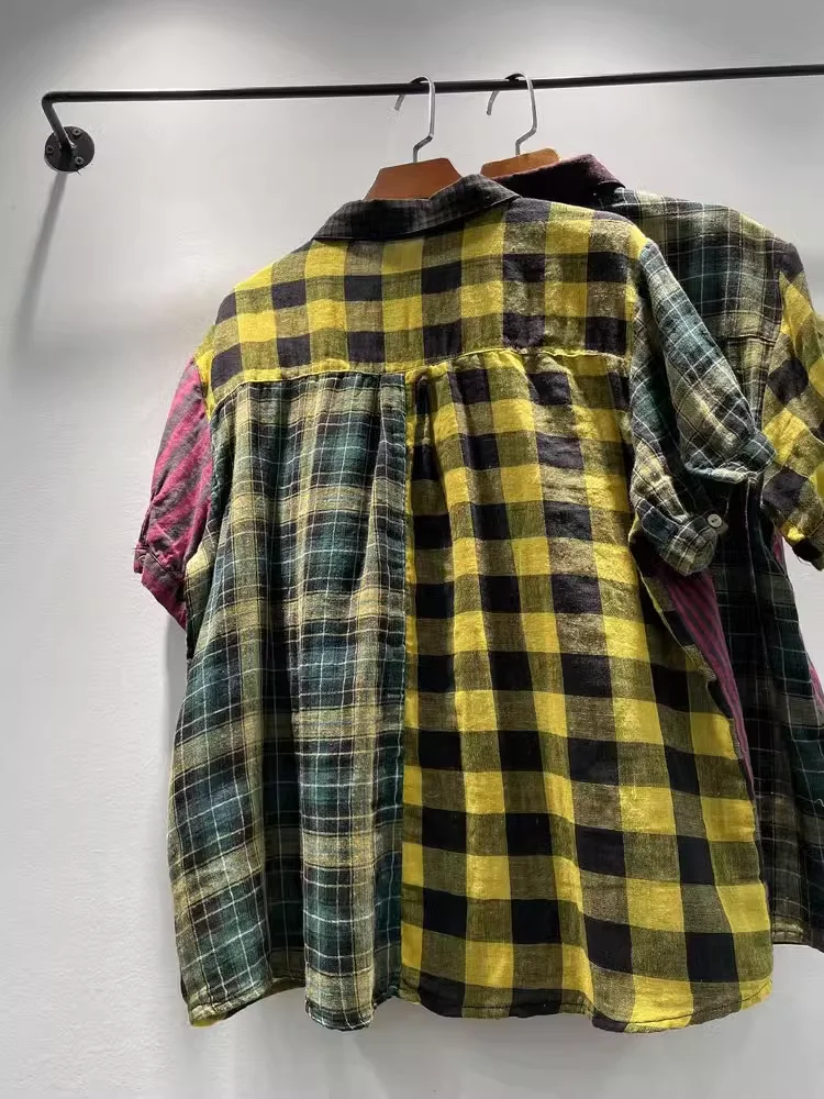 2025 하라주쿠 패션 면사 줄무늬 격자 무늬 패치 워크 셔츠와 여성용 블라우스 일본 스타일 반소매 체크 셔츠