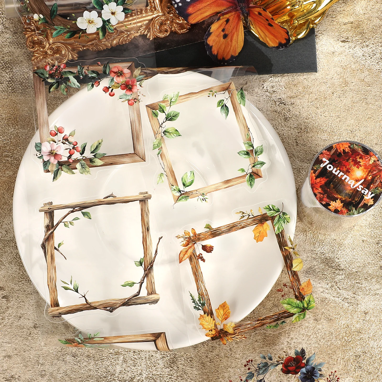 80mm*200cm Vintage Flower Wooden Border Landscape PET Tape Creative DIY Journal Material Collage Scrapbooking Stationery