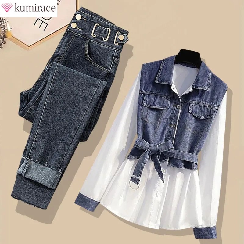 Spring and Autumn Season Set Women's 2024 New Korean Fashion Versatile Style Top Casual Jeans Two Piece Set Fashion