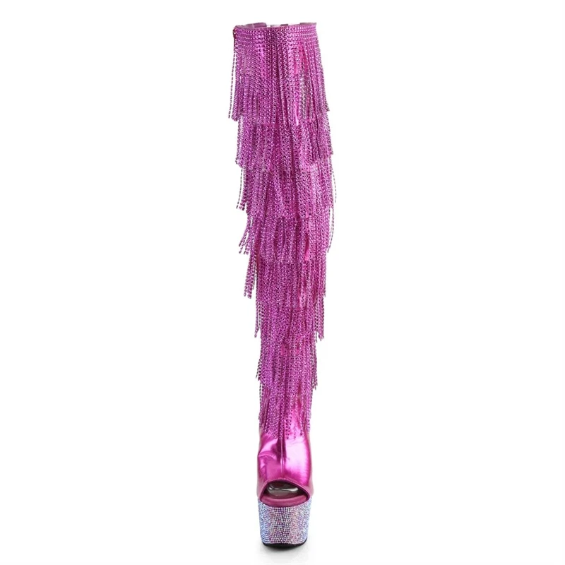 Gold Gothic Stripper Heels Over The Knee Boots 7Inch Fringe Rhinestone High Heels Exotic Dancer 17cm Over The Knee Boots Catwalk
