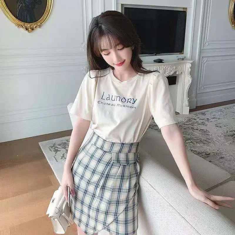 Skirt Slit Woman Outfit Short Sleeve Plaid Kawaii 2 Pieces Sets For Women Formal Event Cheap Clothing Korean Style Offers Korea