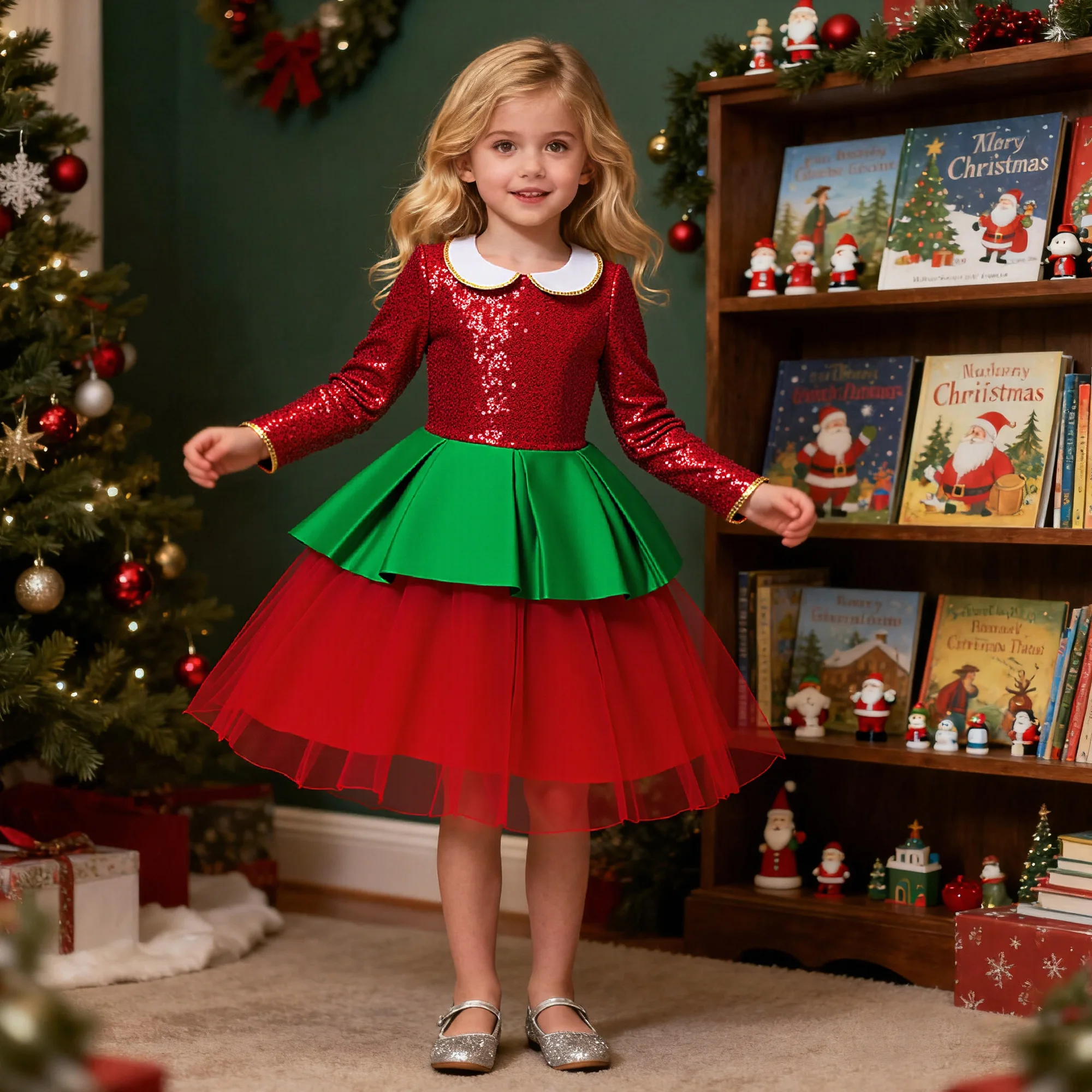 

Red Sequin Full Sleeve Christmas Costume For Kids Girls Birthday Party Dresses Bow Tulle Children Girl Wedding Princess Dress