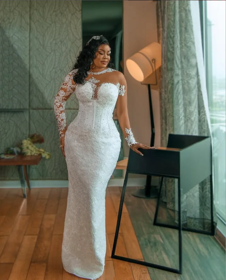 Vestidos de novia africanos de sirena de playa con tren desmontable Apliques de encaje Vestido de novia de jardín de manga larga traje personalizado