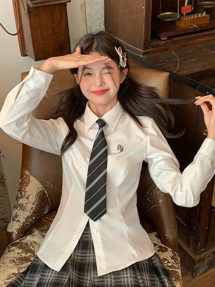JK Shirt White Uniform Long Sleeve High Waist College Style Slim Fit Top Embroidered Shirt White Shirt Women