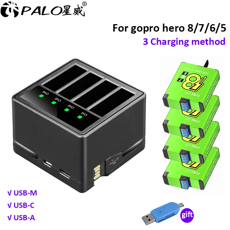 

For GoPro 8 7 5 6 battery+4 Solts LED Light Battery Charger Storage Box With usb cable For Gopro Hero 8 7 hero 5 HERO 6 Camera