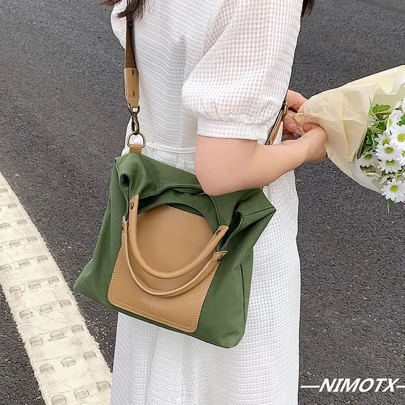 

Simple Color Contrast Splice Canvas Female Crossbody One Shoulder Portable All-match Tote Bag The Latest Fashion Bags for Women