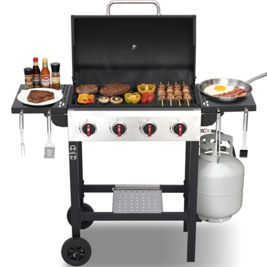 

Газовый гриль на 4 конфорки с чугунными решетками, 302 кв. дюйма, компактный, для 2-4 человек, портативный, для улицы, со складной конструкцией