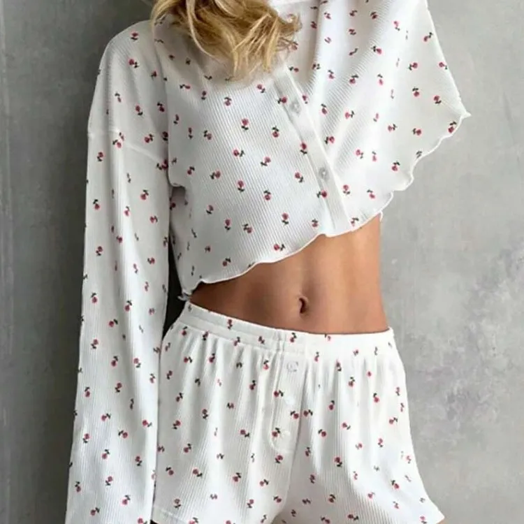 Casual Knit Crop Top Print Pajamas Home Ruffles Tops With Wide Leg Shorts 2 Piece Sets O Neck Cute Sleepwear Female 2026