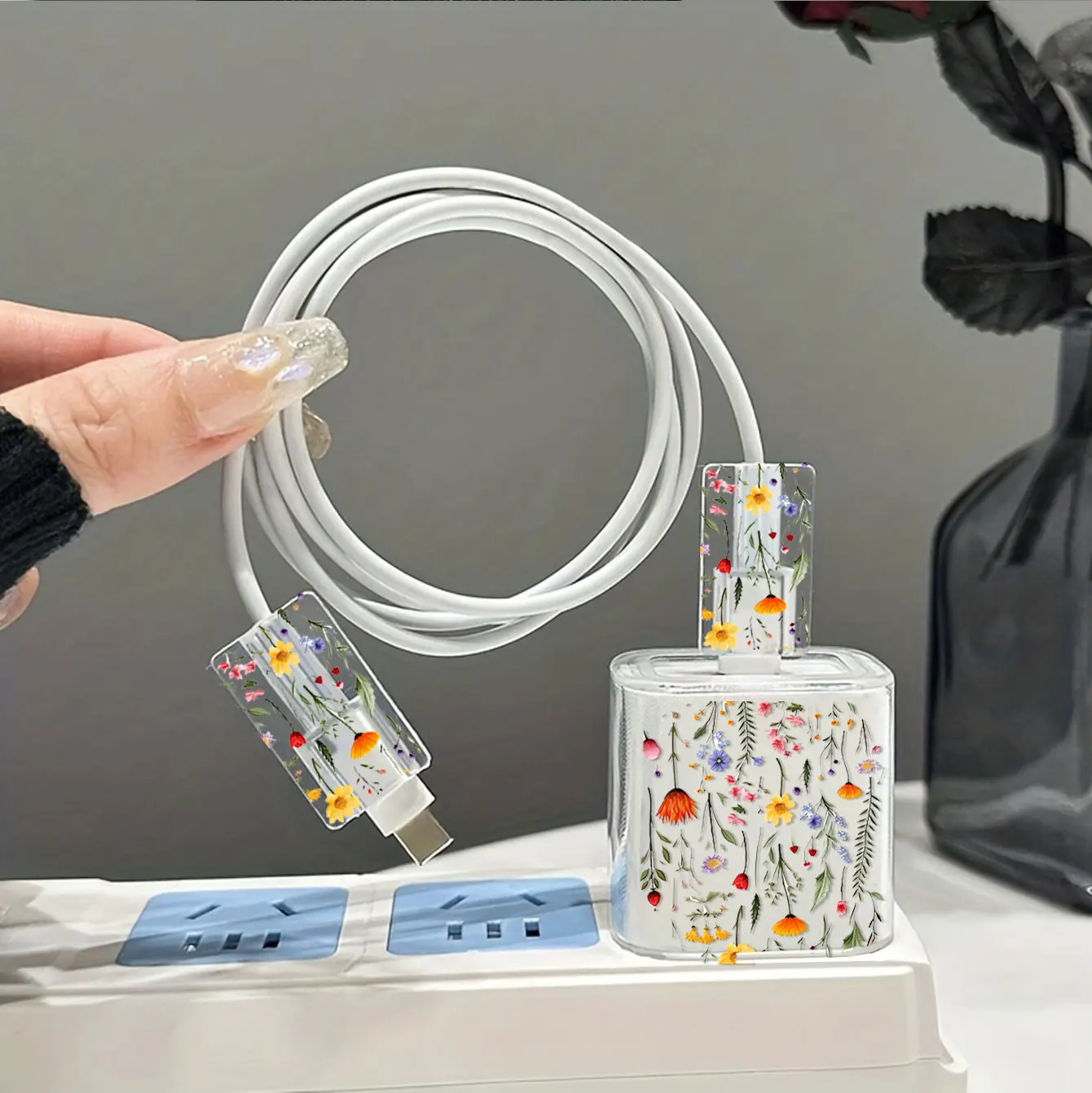 3-Piece set Flowers and Whale Charging Data Cable Protector for IPhone 18/20w Charger Protective Cover Winder Accessories