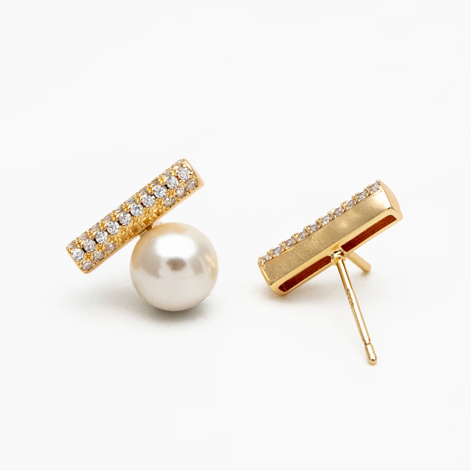 4pcs CZ Pave Gold Bar Earrings, Pearl Earring Mounts, Half Drilled Pearls Earring Settings (GB-4279)