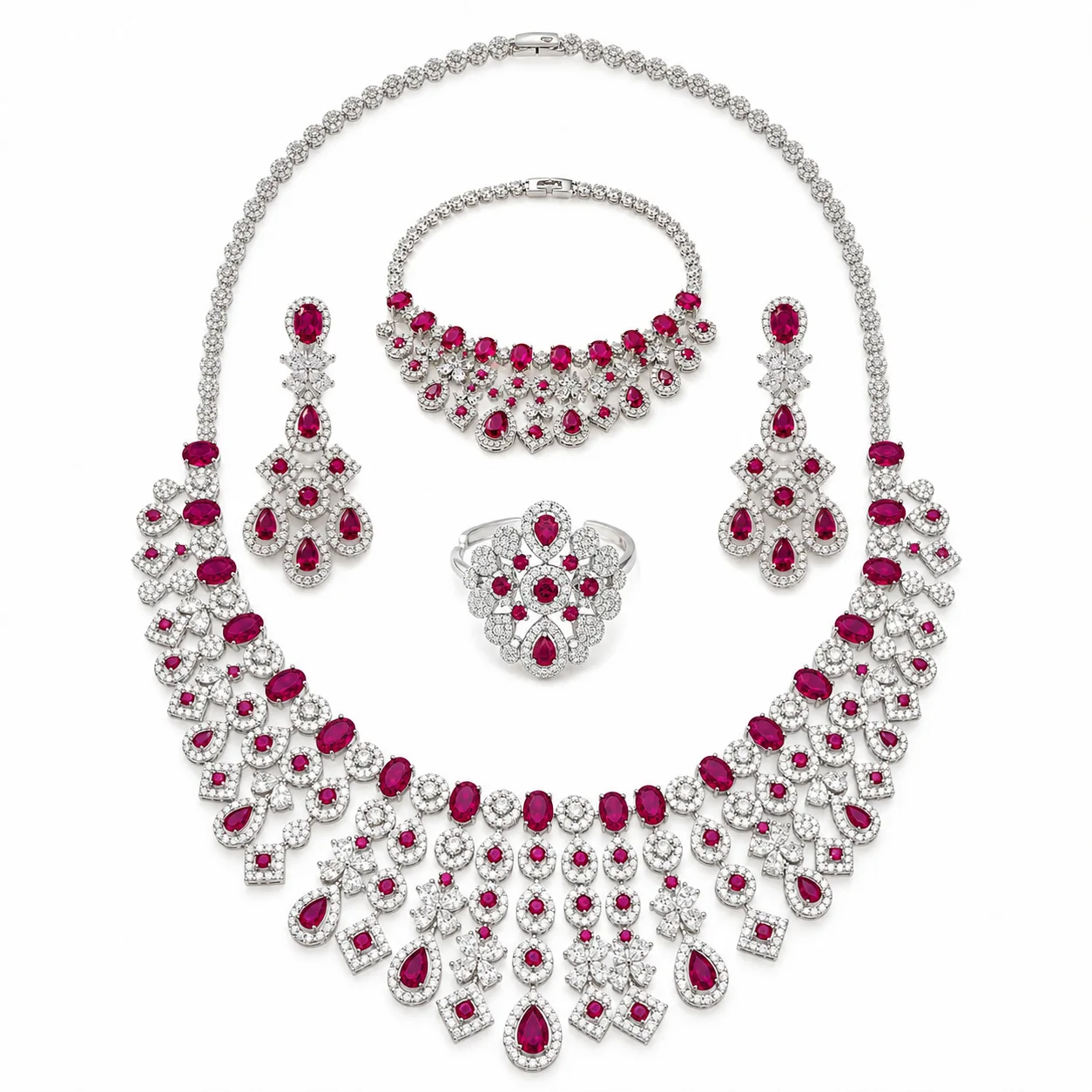 Luxury 4‑Pcs Jewelry Set Necklace Bracelet Ring Earrings, Colorful Gemstones Red Steel Gem, Noble Banquet Style Bridal Wedding J