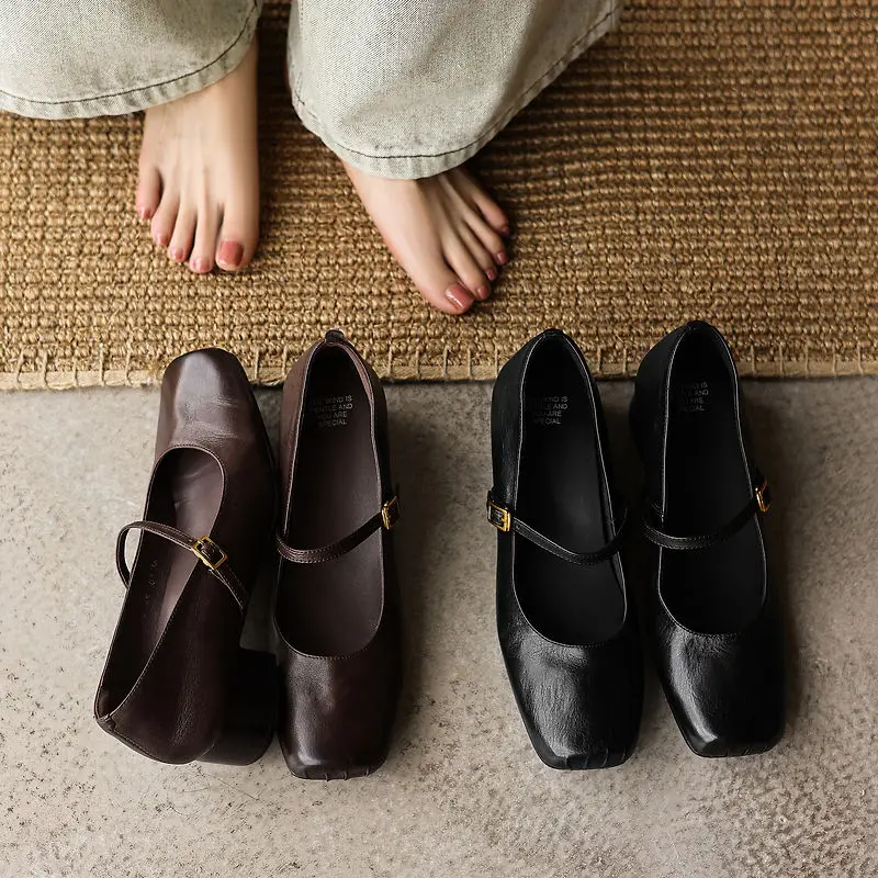 2026 new spring autumn women pumps natural leather 22-25cm cowhide+sheepskin+pigskin square toe mary janes high heel women shoes