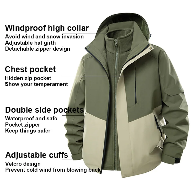 

Outdoor Three-In-One Waterproof and Windproof Jacket with Color-Matching Removable Hood Jacket Workwear Mountaineering Clothing