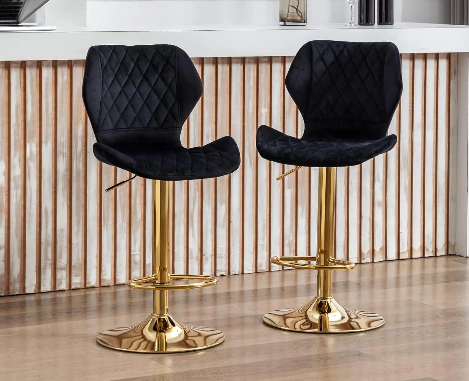 EALSON Velvet Bar Stools Set of 4 Counter Height Barstools with Back Swivel Bar Chairs with Gold Base Modern Adjustable Kitchen