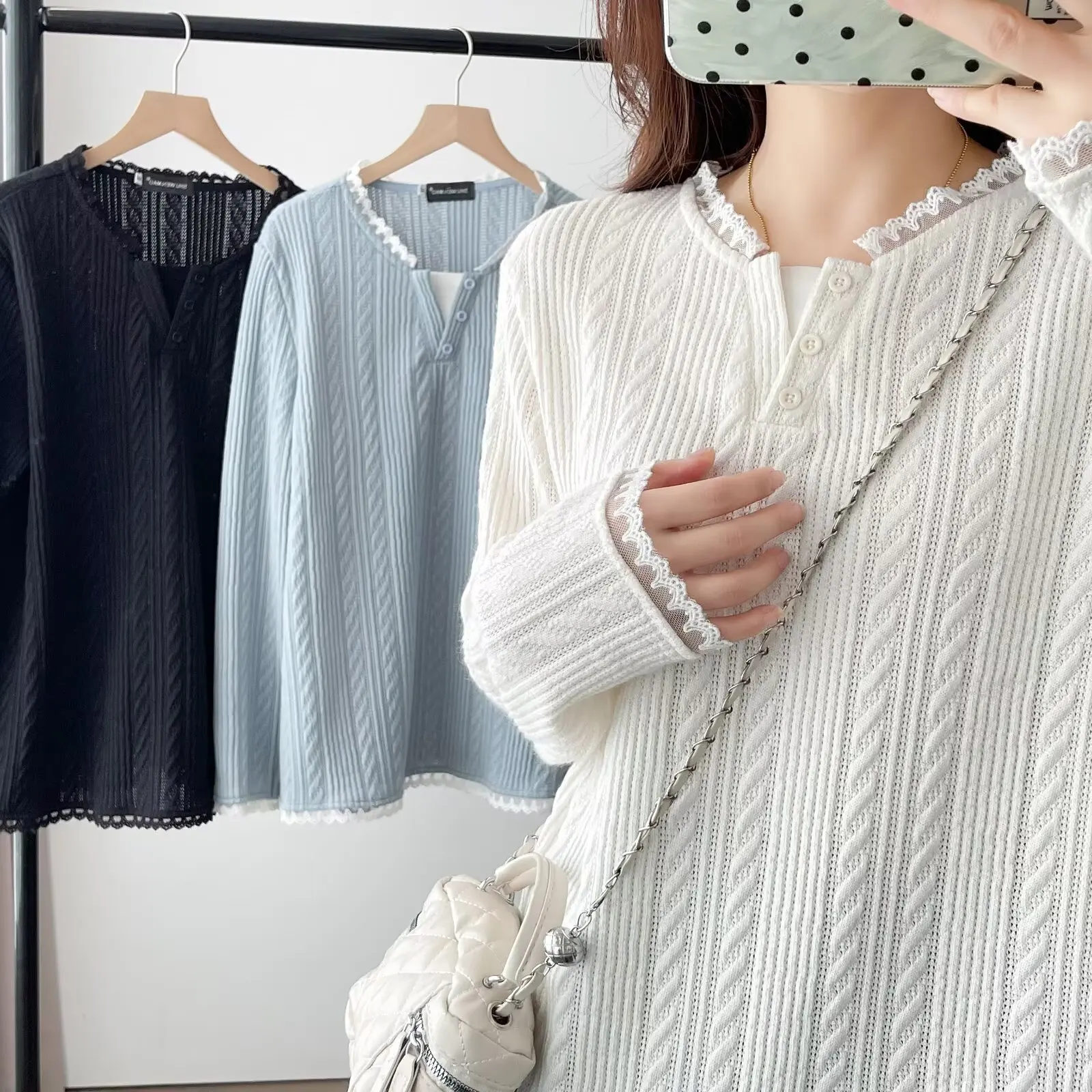 Модная женская футболка больших размеров с кружевным воротником, топы из двух предметов с длинными рукавами, осень 2025 г.