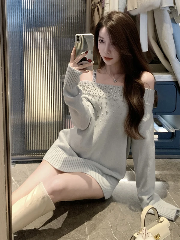 مثير الماس مزين فضفاض محبوك سترة المرأة الحلو واحد الكتف تصميم الخريف الشتاء جديد Sle الدافئة الحرارية Faion