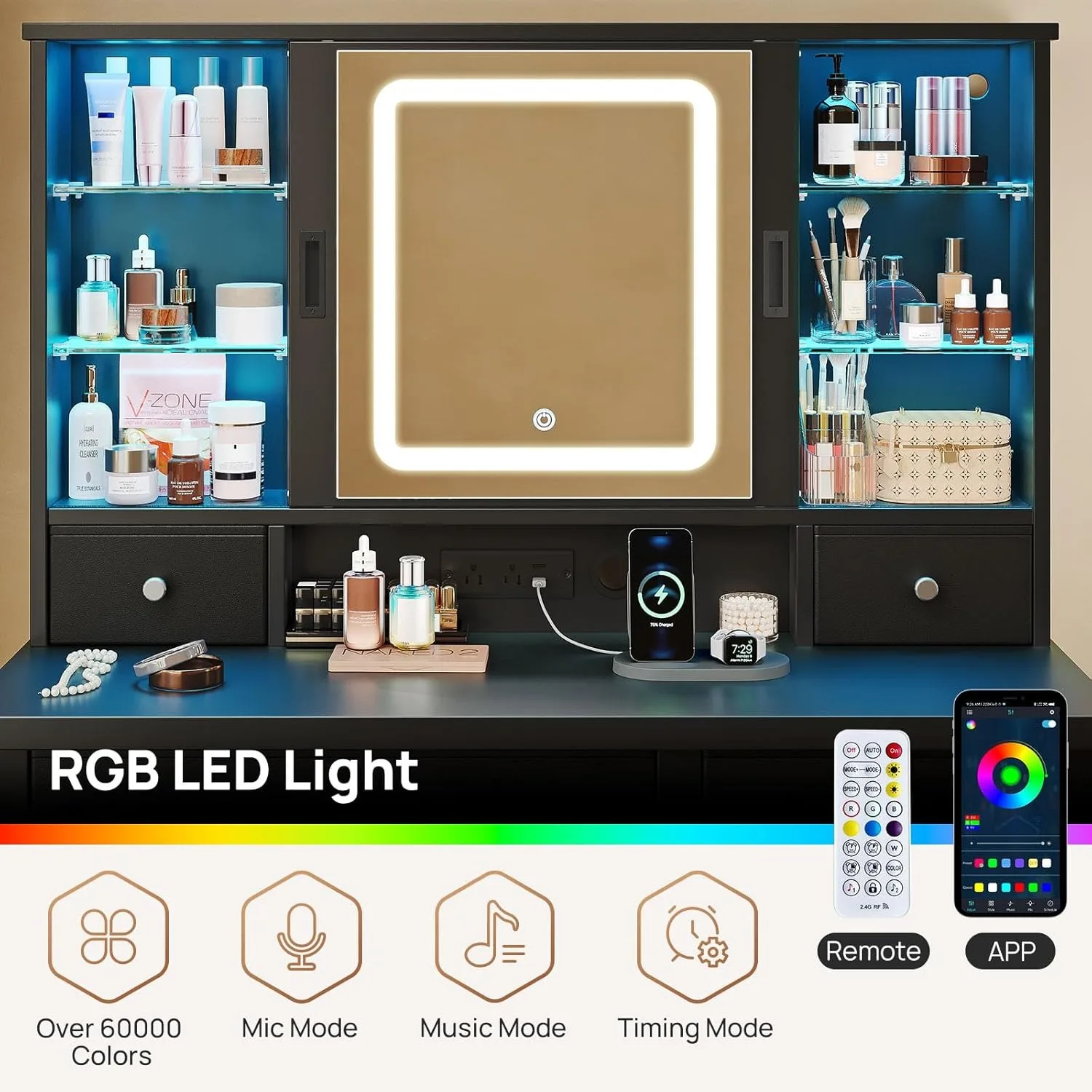 Vanity Desk with Lighted Sliding Mirror & Power Outlet,Vanity Table Set with Chair,6 Storage Drawers Makeup Table with LED Strip