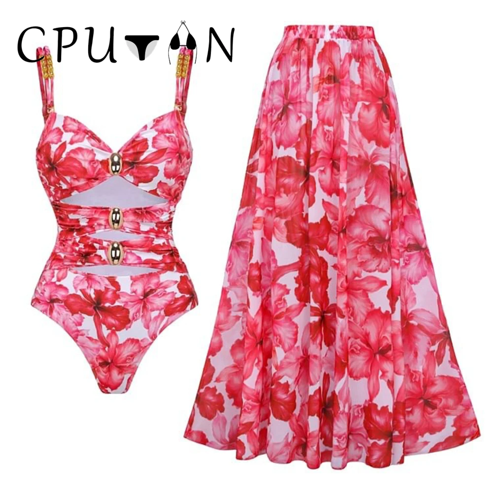 CPUTAN 2025 Cutout One Piece Swimsuit and Skirt Swimwear Women Bodysuit Monokini Floral Print Swim Suit Bathing Suit Beachwear