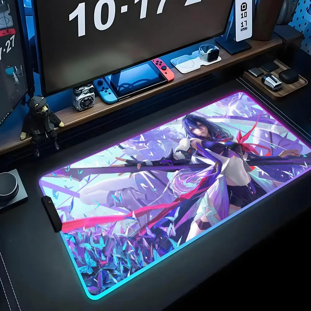 

seele wallpaper honkai Mouse Pad RGB Gaming Mousepad Big LED Pad PC Desk Mat Luminous Mouse Pad Large Keyboard Mats Table Rug