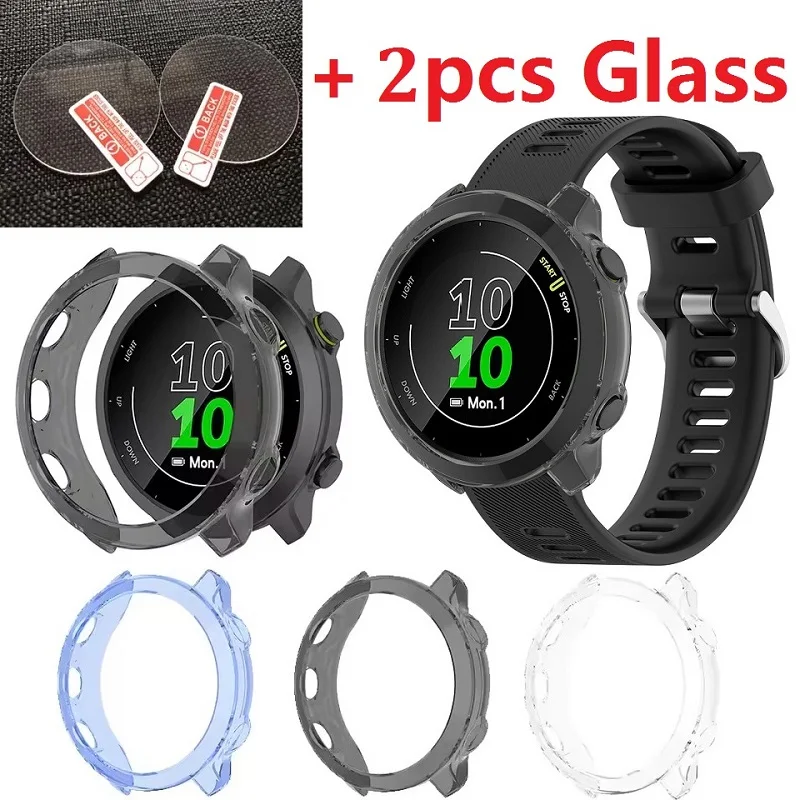 2 piezas vidrio templado + Funda para Garmin Forerunner 55 165 Protector de pantalla de vidrio y cubierta protectora de parachoques para Garmin Forerunner 55 165