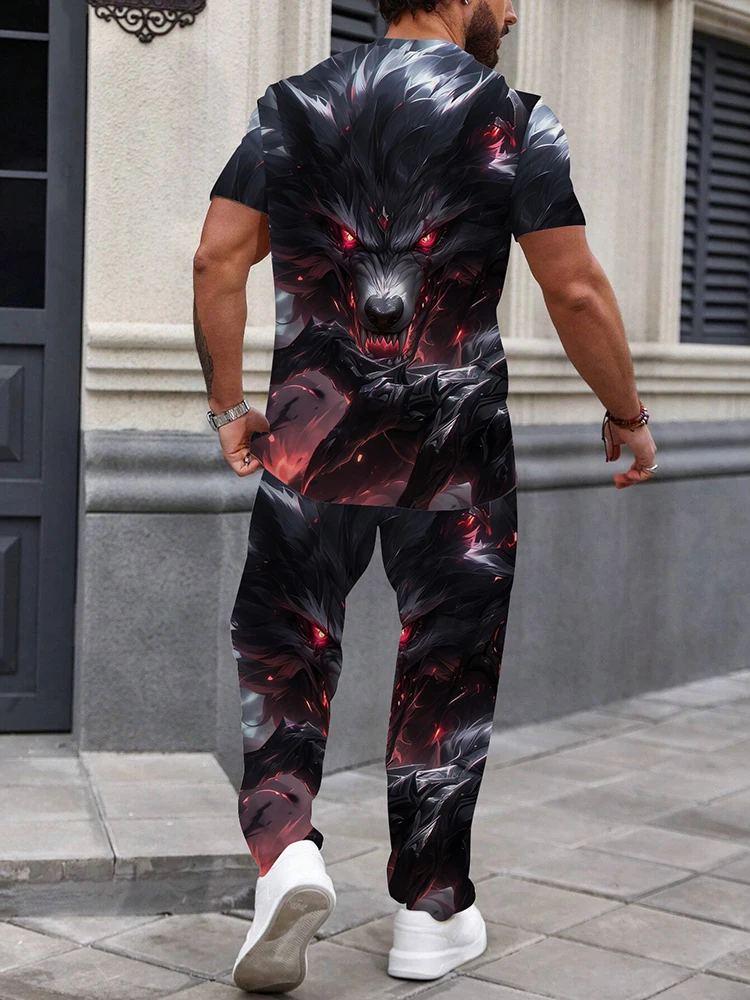 Men\'s Lion Print 2-piece Summer/Fall Loose Fitting Set Outdoor Trend 3D Animal Print Men\'s Set Short Sleeve T-shirt And Trousers