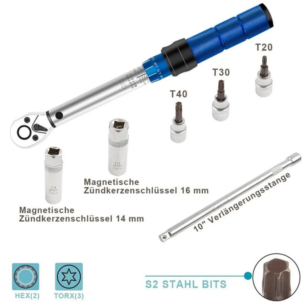 Complete Torque Wrench Kit with Clear Scale Window and Reversible Head Offering Smooth Operation and Accurate Torque Settings
