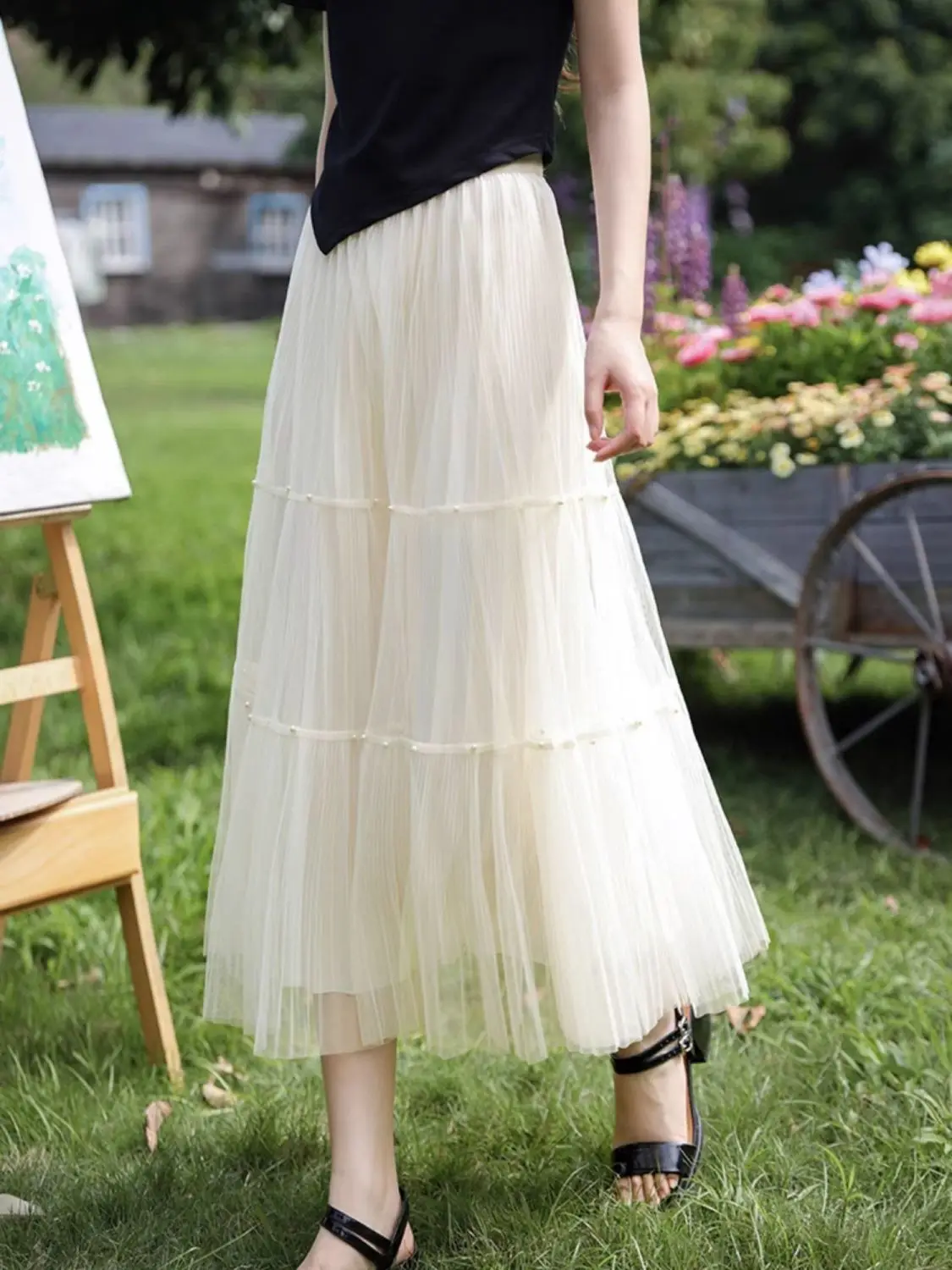 

Women's Tulle Plain New Retro Pleated Skirt 2024 New Fashion Vintage Mesh Midi High Waist Woman A-Line Skirts 3 Layers F219