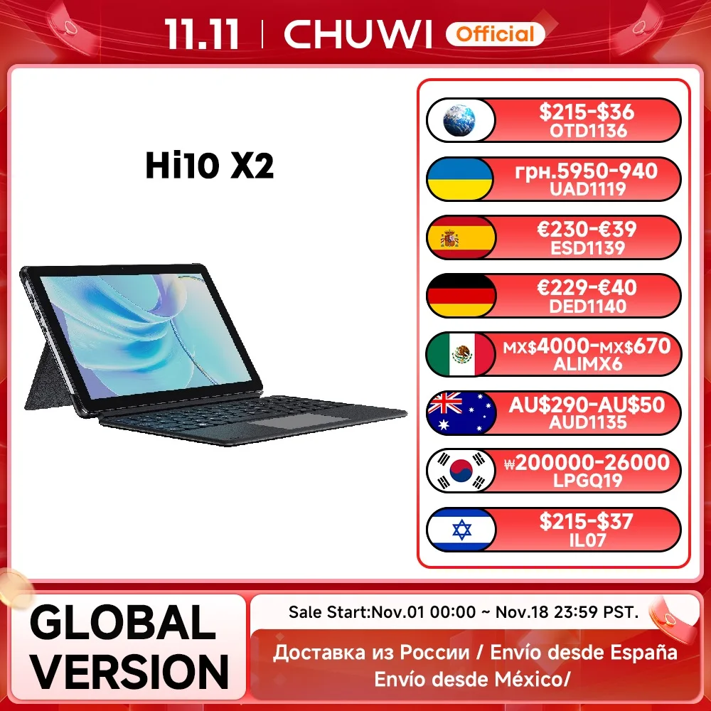 CHUWI Hi10 X2 태블릿, 10.1인치 FHD 화면, 듀얼 코어 6500Y/i3-10100Y 프로세서, LPDDR3 8GB RAM, 256GB ROM, 윈도우 운영체제, 2-in-1 태블릿 PC