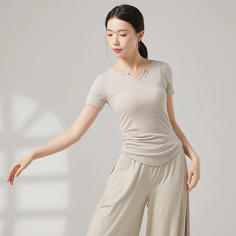 현대 무용 여성 탑 반팔 v 넥 티셔츠 솔리드 컬러 클래식 트레이닝 의류 캐주얼 티 요가 여름 슬림 블라우스
