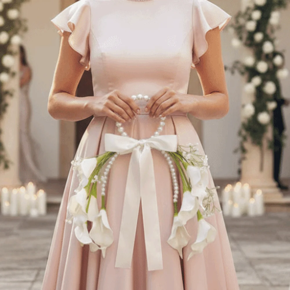 

Pearl Handle Bridal Bouquet White Blossom Satin Bowknot Wedding Flowers Lightweight Carry Creative Shape Top Handle Bouquet