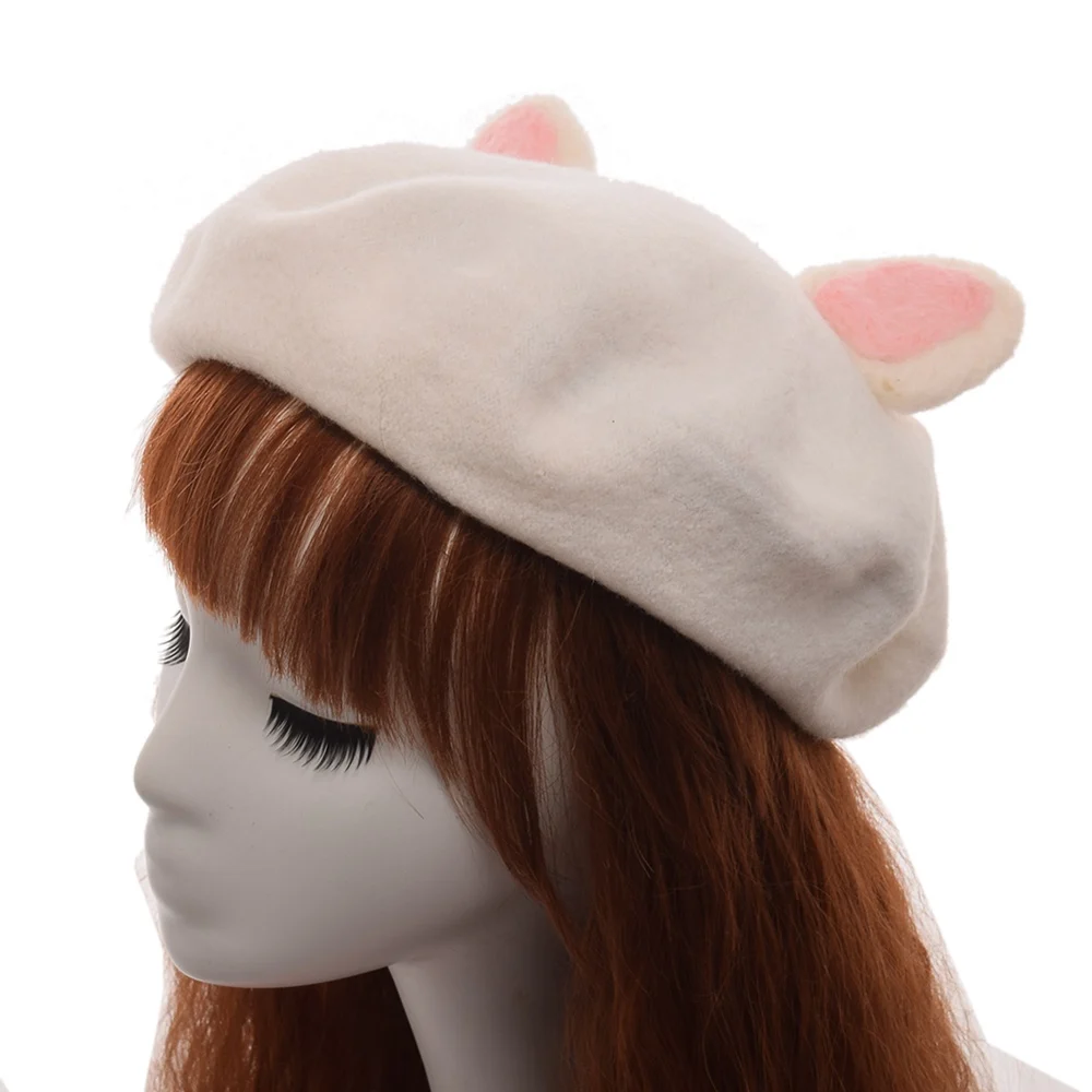 Cute Lolita Beret Handmade Pink Women Cat Ears Hat Woolen Beanie Cap