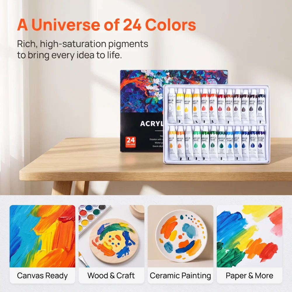 12/24 Colors Professional Acrylic Paint Set,High Pigment Art Supplies for Canvas, Wood for Artists, Students & DIY Crafts