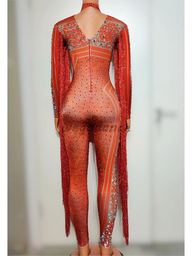 Sexy Tassel Rhinestones Jumpsuit For Women Long Singer Performance Costumes