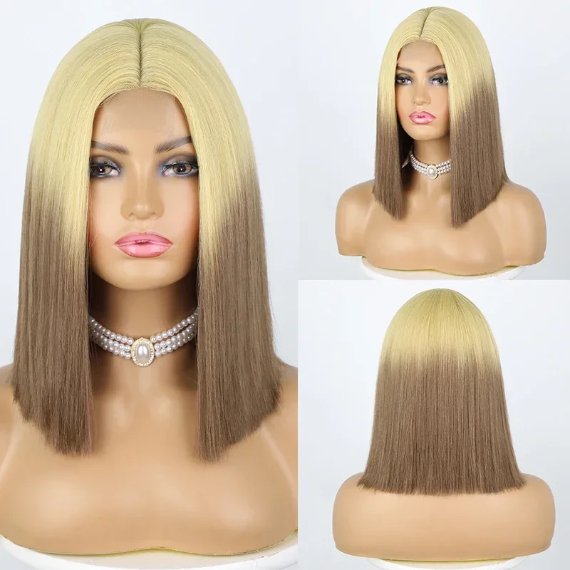 Synthetische Korte Bob Pruik Ombre Bruin Steil Haar Pruiken Voor Vrouwen Cosplay 14 Inch Hittebestendige Schouderlengte Middendeel Pruik