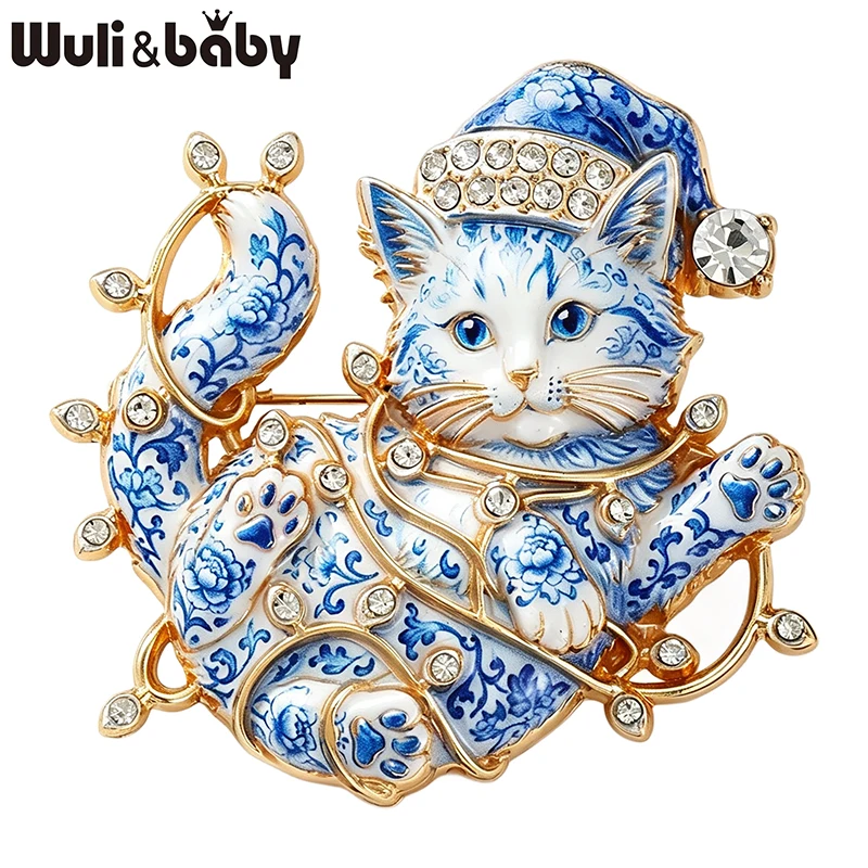 Wuli&baby Lovely Christmas Cat Brooches For Women Unisex 2-color Rhinestone Colorful Lights Kitten New Year Party Brooch Pins