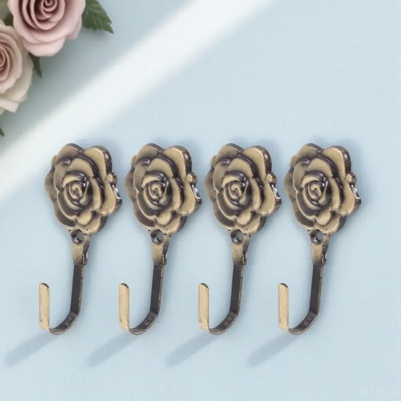 4Sets Classical Iron Curtain Holdbacks Rose Flower Design Wall Mounted Drapery Tieback for Home Hotel Restaurant Decorative