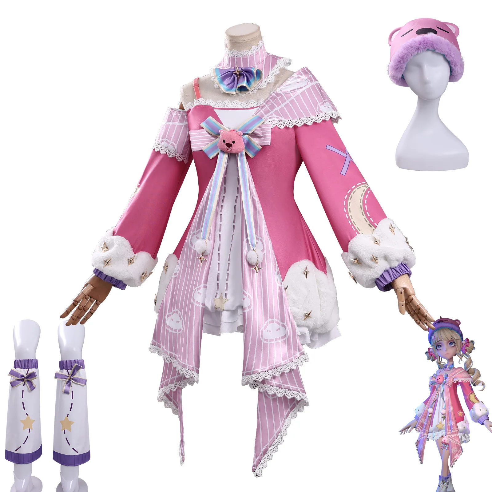 Allen Fluffy Showdown Outfit Cosplay Set White Jumpsuit with Hoodie Pind Small Bear Printed Prop Costume for Man Halloween Suit view 4