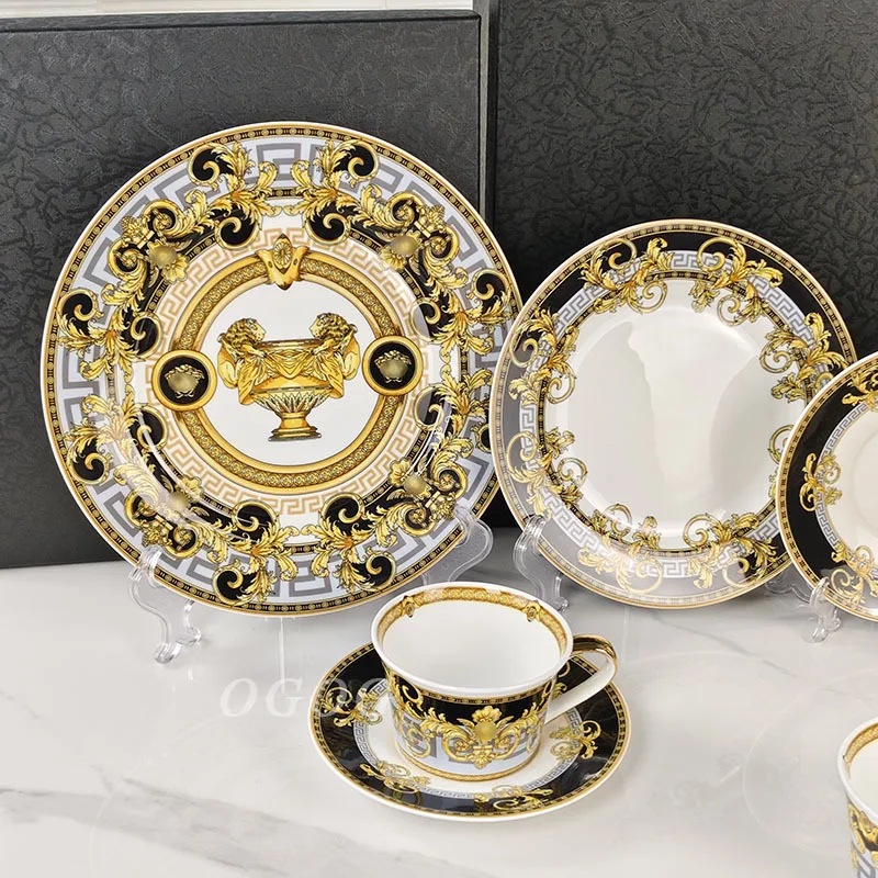 High Grade Light Luxury Bone China Tableware Set Western Dinner Plate Cup Saucer Tiered Tray Elegant Gift Box for Home