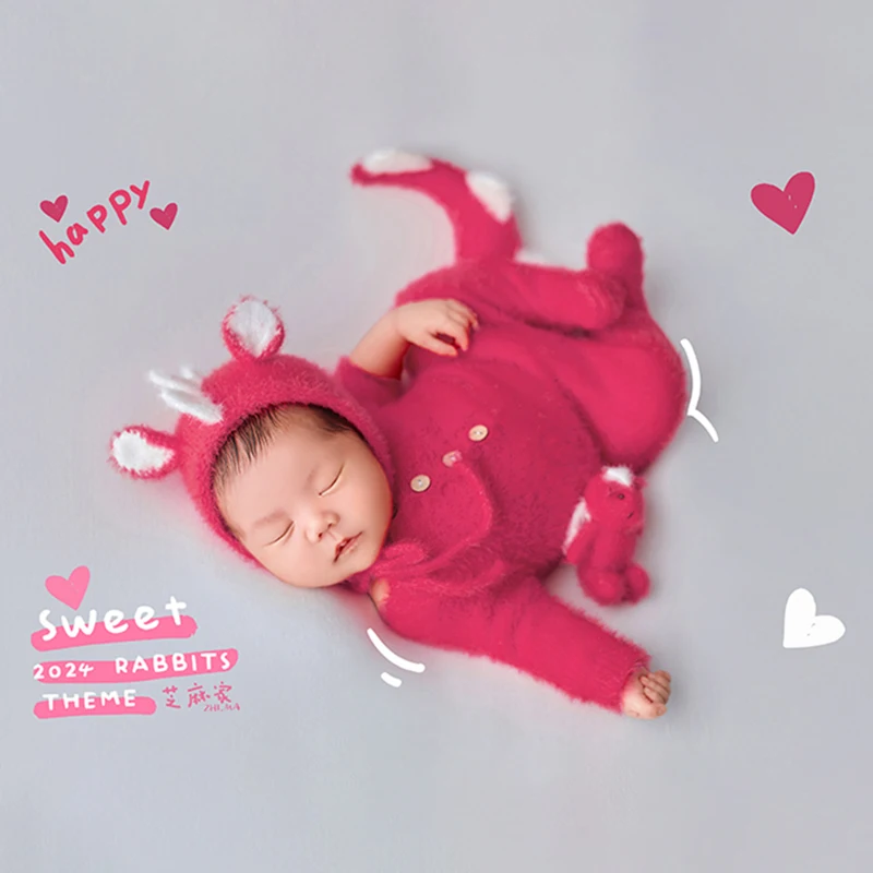 0-1 Months Newborn Photography Clothes Cute Knitted Dinosaur Jumpsuit With Tail Handmade Mohair Doll Studio Babyphotoshoot Props