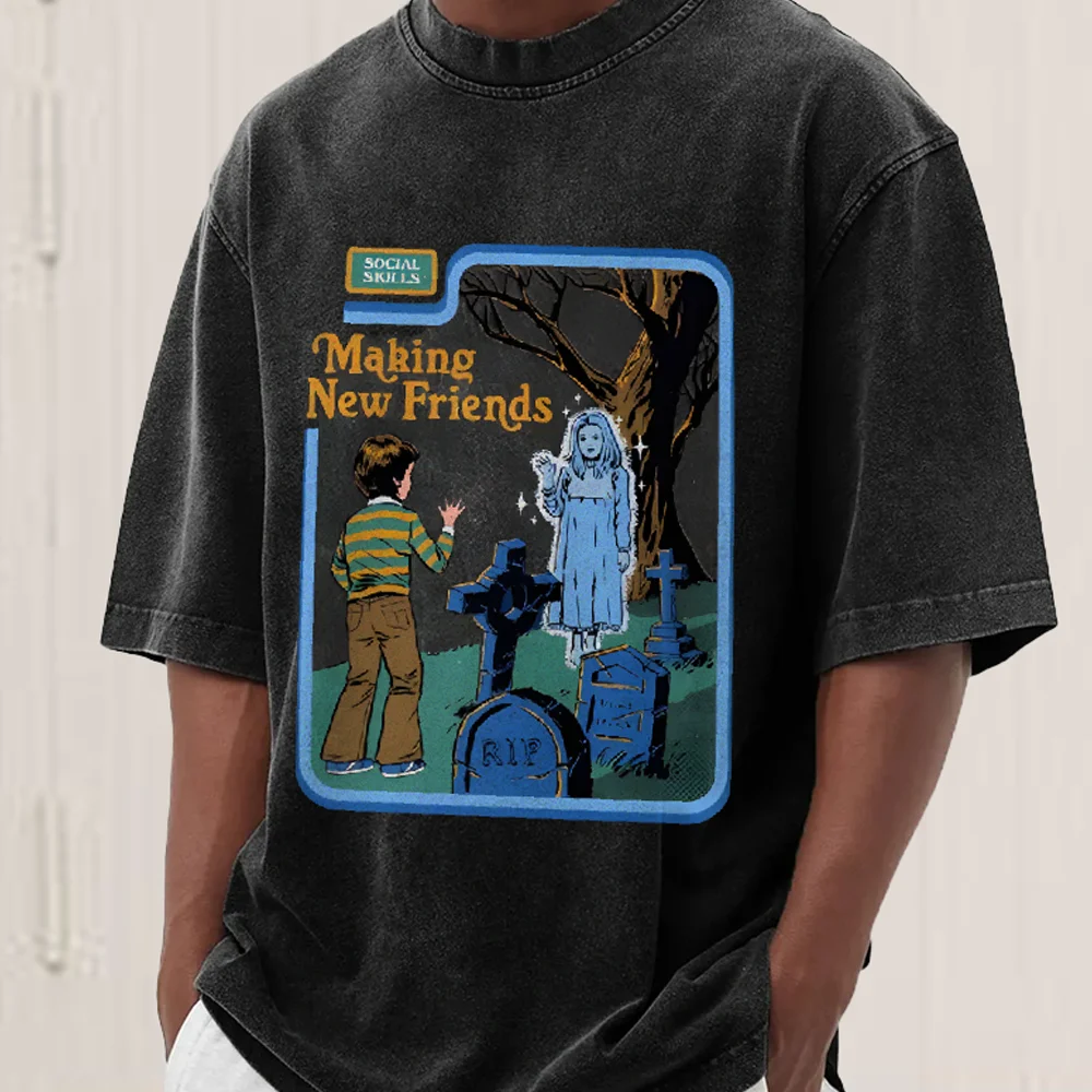 

Женская Классическая футболка с мультяшным инопланетянином, изношенная винтажная дышащая хлопковая футболка с коротким рукавом и принтом для общения