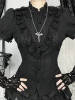 Vintage Gothic Black Jacquard Short Sleeve Shirt Japanese Lolita Short Sleeve Shirt Harajuku Style Sweet Short Sleeve Shirt