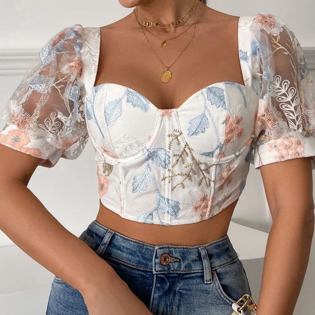 Sexy Summer Shaper Women's Corset Top Crop Blusa  Lingerie Frence Korean Embroidery Floral Lace Blouses Vintage Puff Sleeves Top