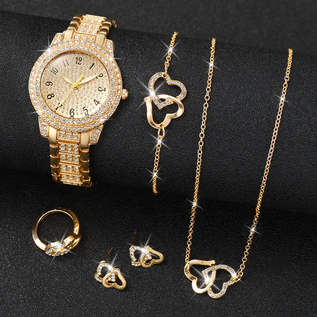 6PCS/Set Fashion Full Diamond Women\'s Watch Gold Steel Band Quartz Watches Heart Jewelry Set（Without Box）